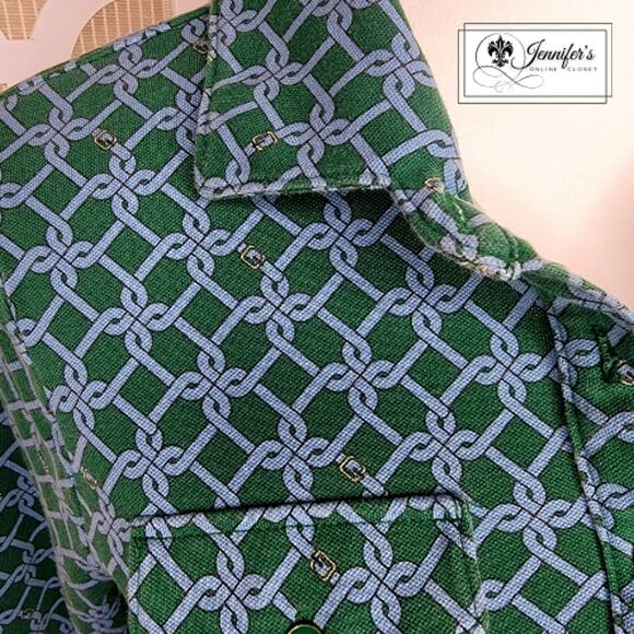 Talbots Green with Blue Belt and Buckle Print Long Sleeve Top Size M - Picture 4 of 11